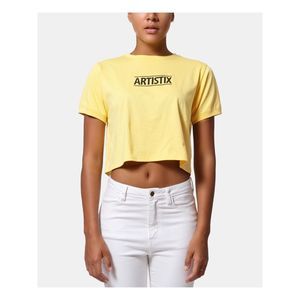 ARTISTIX Womens Yellow Logo Short Sleeve Crew Neck Crop Top S